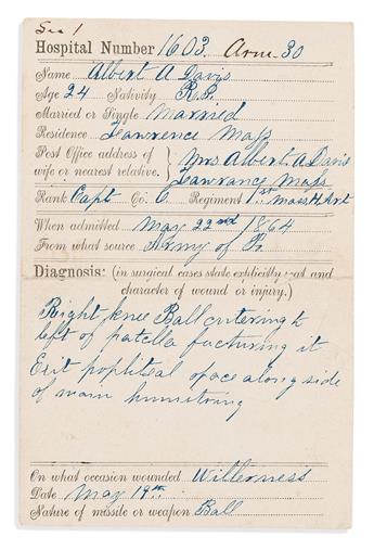 (CIVIL WAR--MASSACHUSETTS.) Military hospital patient card and other papers for Albert Davis of the 1st Massachusetts Heavy Artillery.           